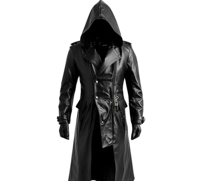 The Creed Hood - Handmade Black Leather Creed Hooded Coat For Cosplay - Long Gothic Trench Coat with Hood