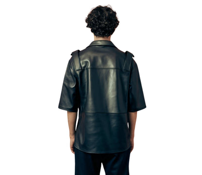 The Noctis Commander, 100% Genuine Black Leather Gay Short Sleeve Shirt, Leather Unisex Leather Button Up Shirt Gift