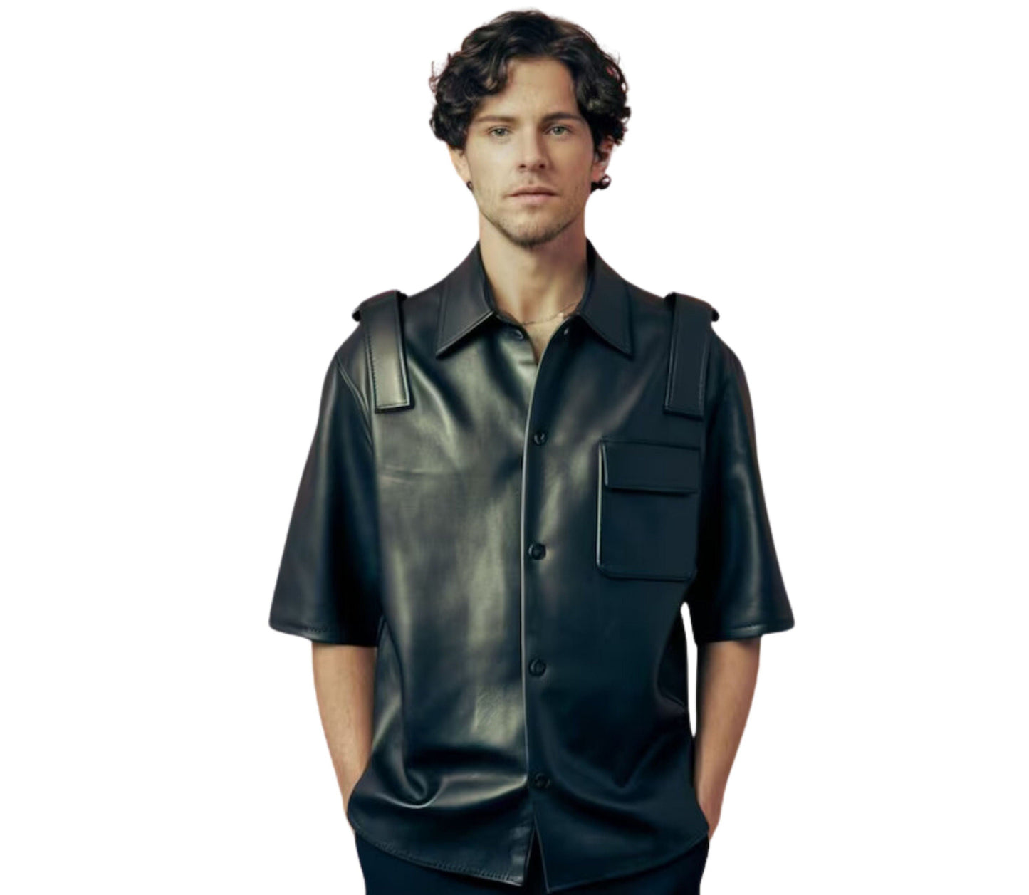 The Noctis Commander, 100% Genuine Black Leather Gay Short Sleeve Shirt, Leather Unisex Leather Button Up Shirt Gift