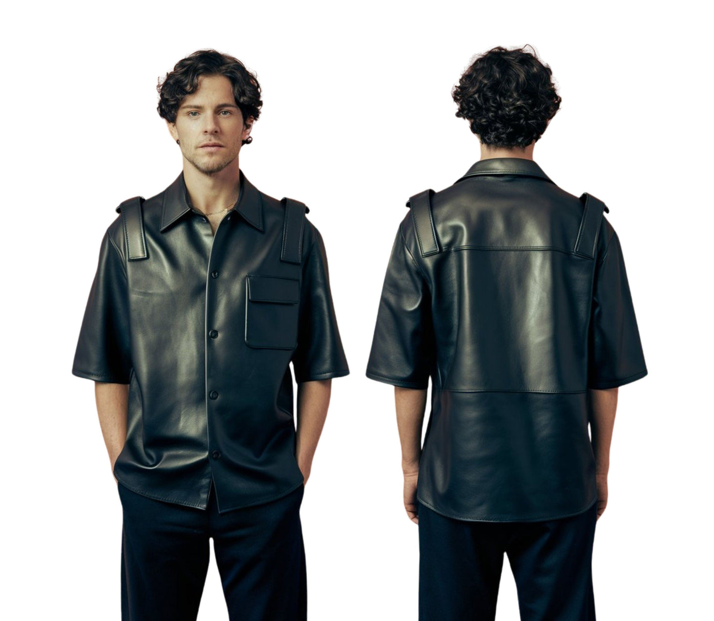 The Noctis Commander, 100% Genuine Black Leather Gay Short Sleeve Shirt, Leather Unisex Leather Button Up Shirt Gift
