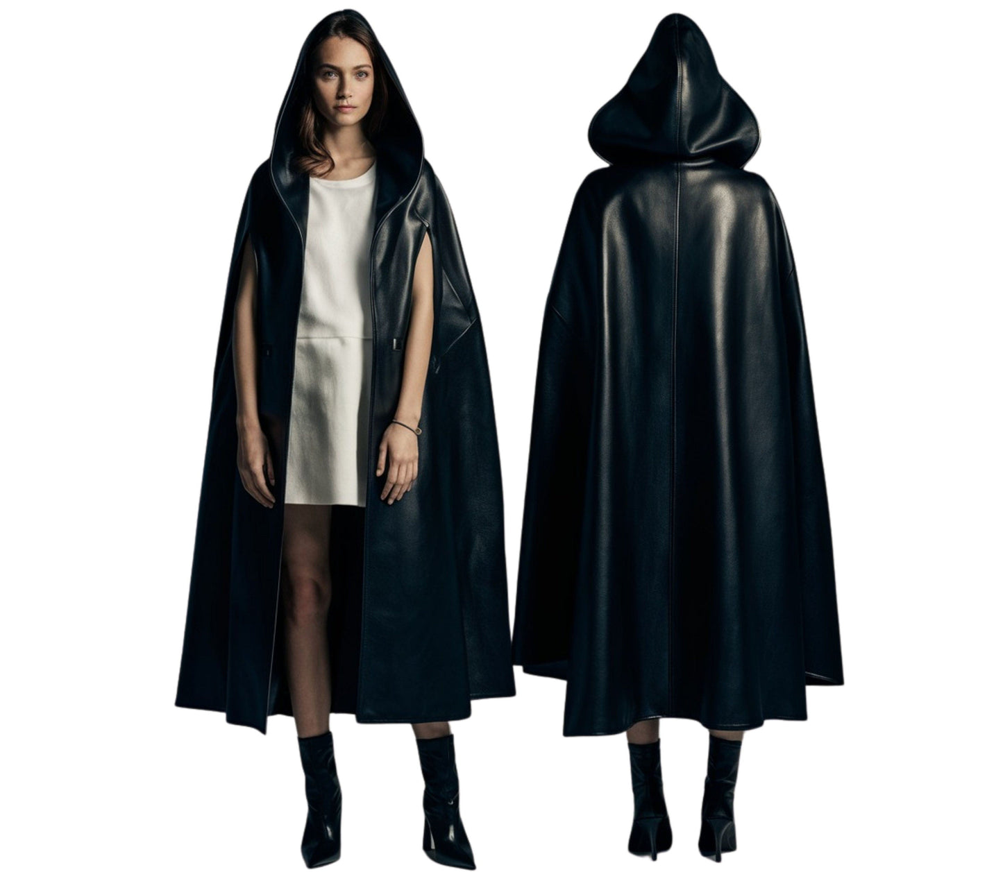 The Black Priestess - Handmade Pure Black Leather Hooded Cloak, Ritual Cloak For Cosplay, Hooded Unisex Cloak Leather Gift, Festival Outfit Cloak
