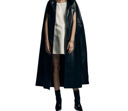 The Black Priestess - Handmade Pure Black Leather Hooded Cloak, Ritual Cloak For Cosplay, Hooded Unisex Cloak Leather Gift, Festival Outfit Cloak