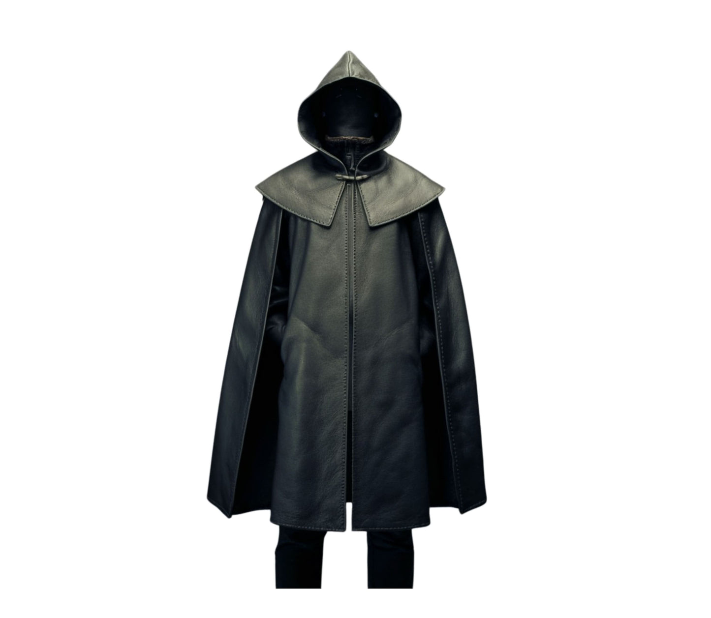 The Cloak of Silence, Black Leather Ritual Hooded Cloak, Handmade Viking Cosplay, For Druid, Sorcerer, Mage, Conjurer, Cleric, Priest