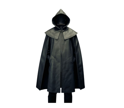 The Cloak of Silence, Black Leather Ritual Hooded Cloak, Handmade Viking Cosplay, For Druid, Sorcerer, Mage, Conjurer, Cleric, Priest