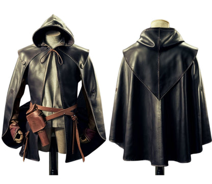 The Wanderer of the Wilds – Handmade Black Leather Medieval Hooded Cloak, Assassin & Ranger Costume, Rogue Outfit, LARP, Fantasy Cosplay