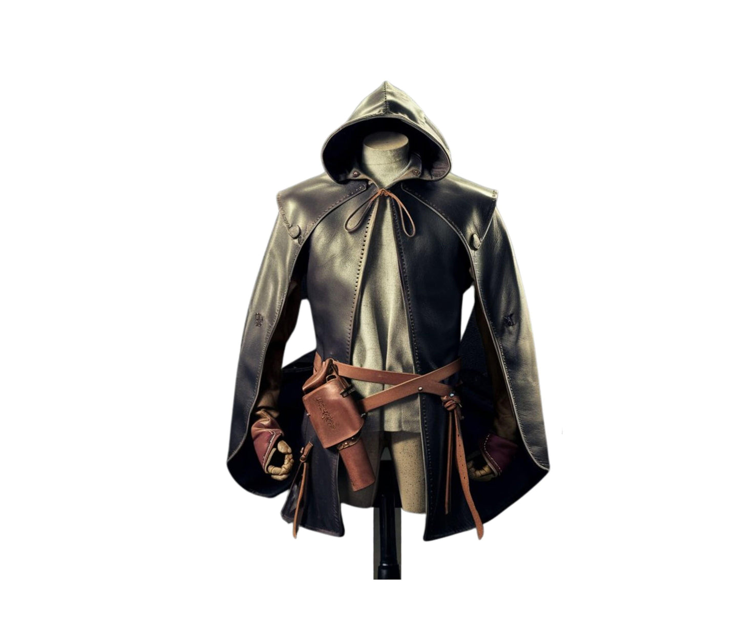 The Wanderer of the Wilds – Handmade Black Leather Medieval Hooded Cloak, Assassin & Ranger Costume, Rogue Outfit, LARP, Fantasy Cosplay