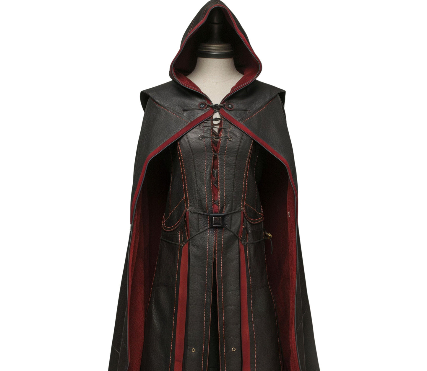 The Lone Wanderer - Handmade Red & Black Leather Medieval Hooded Cloak with Suit for Cosplay - Leather Gift Cloak for Renaissance Fair Men