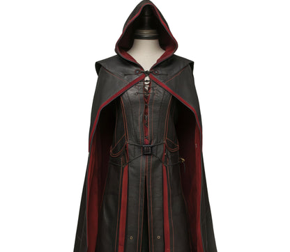 The Lone Wanderer - Handmade Red & Black Leather Medieval Hooded Cloak with Suit for Cosplay - Leather Gift Cloak for Renaissance Fair Men