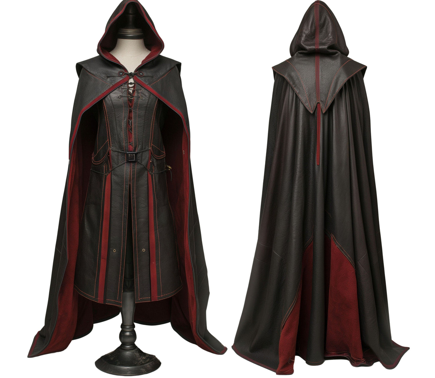 The Lone Wanderer - Handmade Red & Black Leather Medieval Hooded Cloak with Suit for Cosplay - Leather Gift Cloak for Renaissance Fair Men