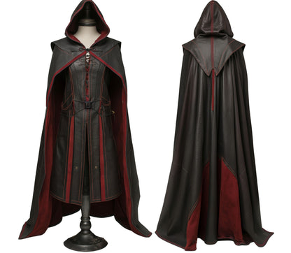 The Lone Wanderer - Handmade Red & Black Leather Medieval Hooded Cloak with Suit for Cosplay - Leather Gift Cloak for Renaissance Fair Men