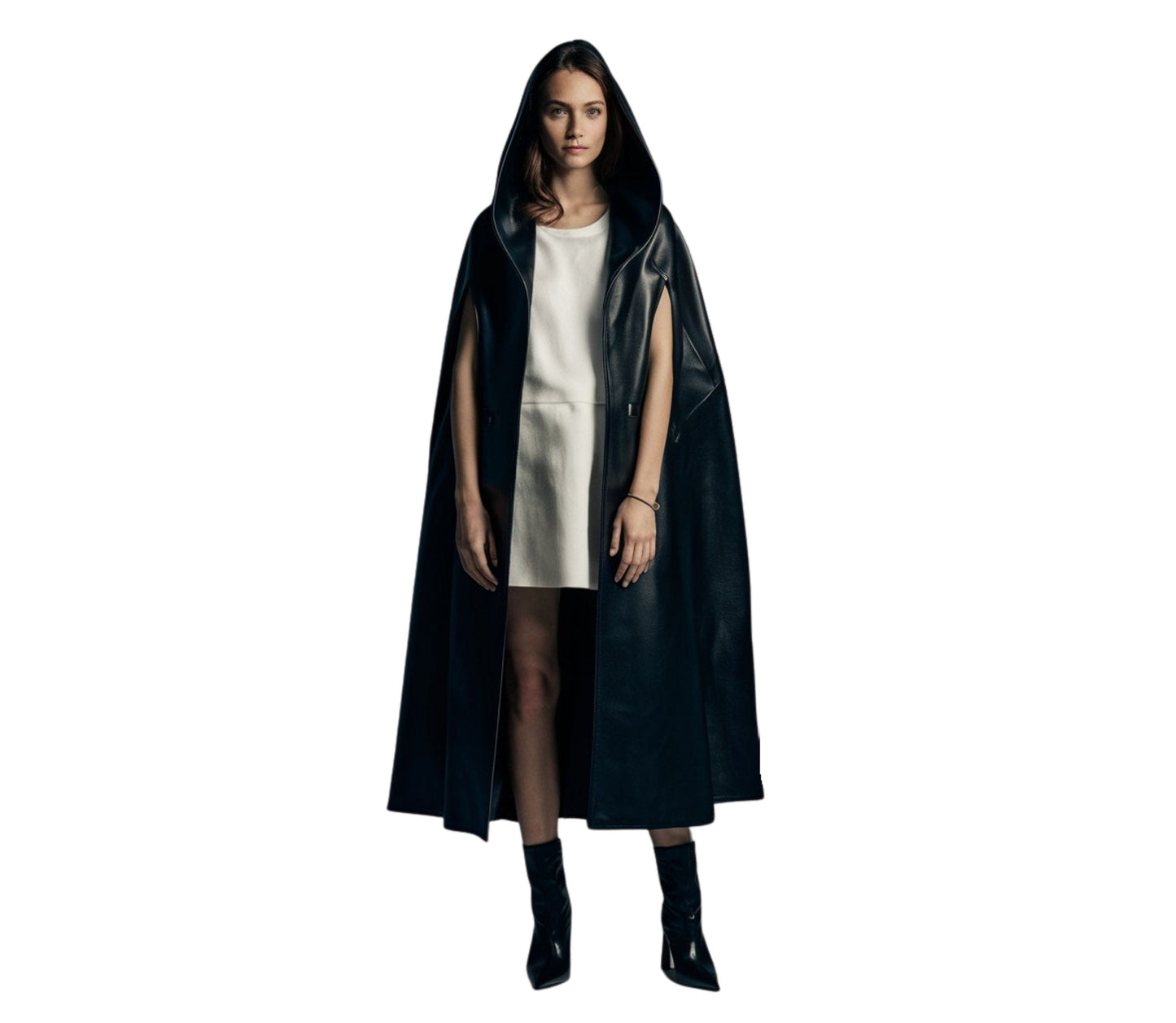 The Black Priestess - Handmade Pure Black Leather Hooded Cloak, Ritual Cloak For Cosplay, Hooded Unisex Cloak Leather Gift, Festival Outfit Cloak