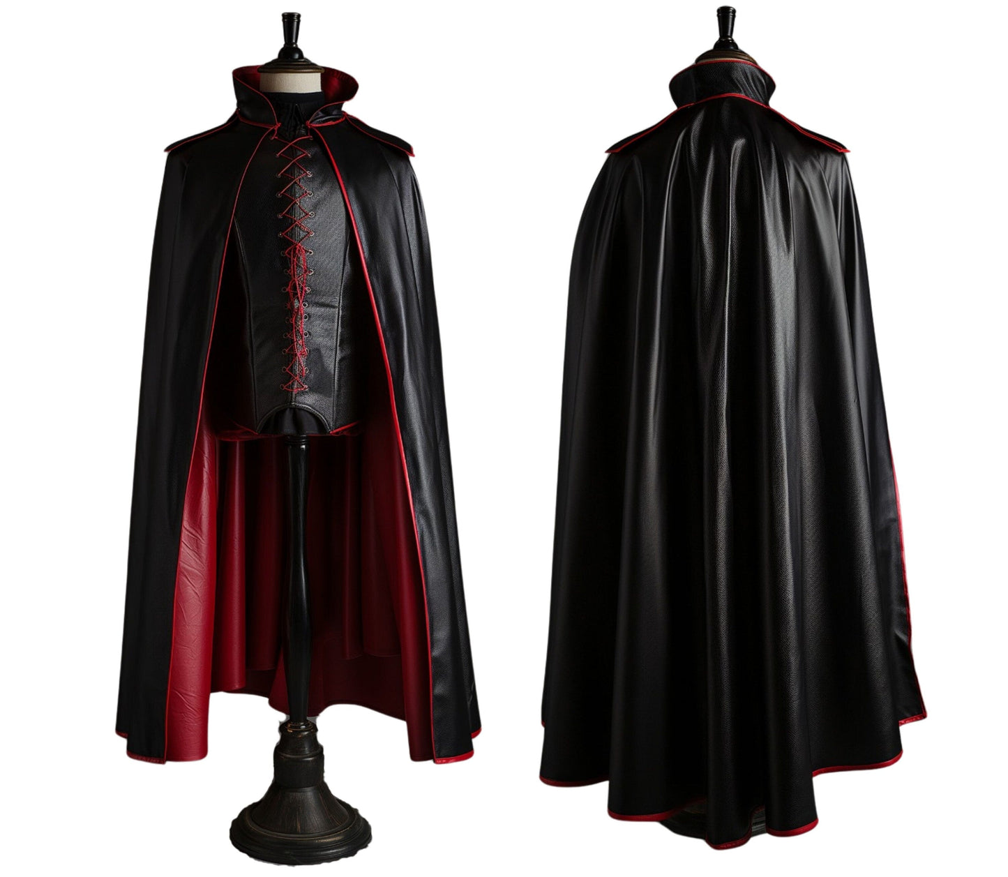 The Blood Emperor - Handmade Red & Black Leather Dracula Cloak - Leather Cloak With Vest For Devil Costume - Vampire Costume Cloak For Men