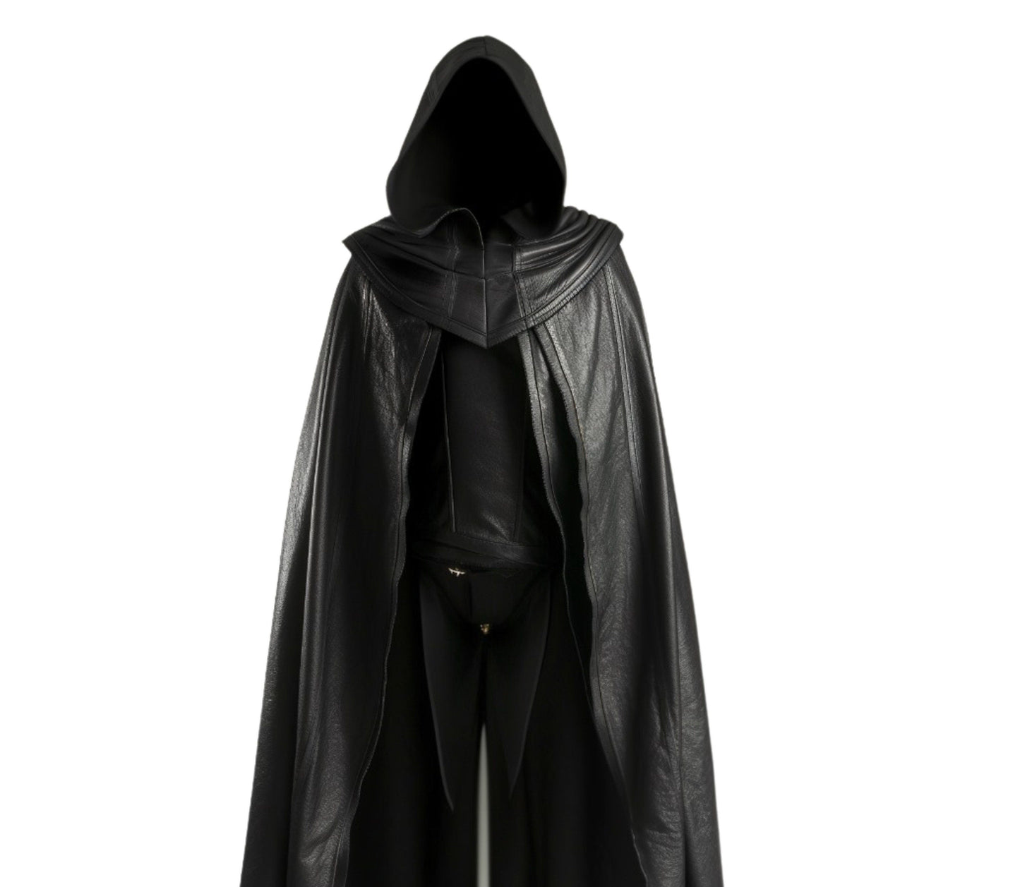 The Veiled Hunter, Handmade Pure Black Leather Fantasy Hooded Cloak for Men for Cosplay, Vampire Hunter Costume, Medieval & Renaissance Wear