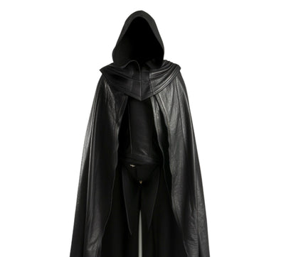 The Veiled Hunter, Handmade Pure Black Leather Fantasy Hooded Cloak for Men for Cosplay, Vampire Hunter Costume, Medieval & Renaissance Wear