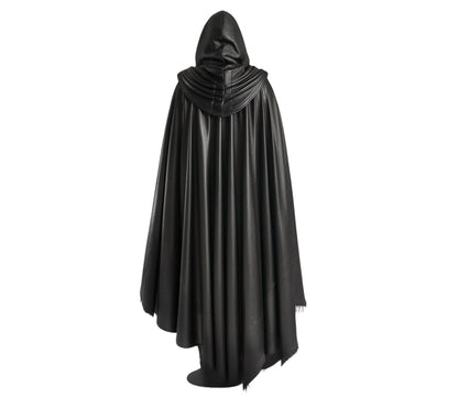 The Veiled Hunter, Handmade Pure Black Leather Fantasy Hooded Cloak for Men for Cosplay, Vampire Hunter Costume, Medieval & Renaissance Wear