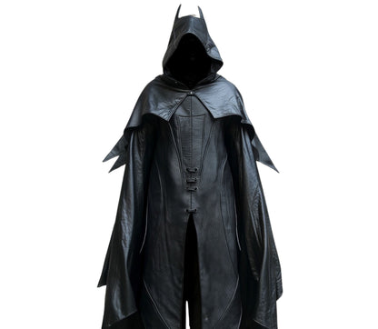 The Midnight Protector - Superhero Hooded Cloak in Black Leather - Superhero Cosplay Costume
