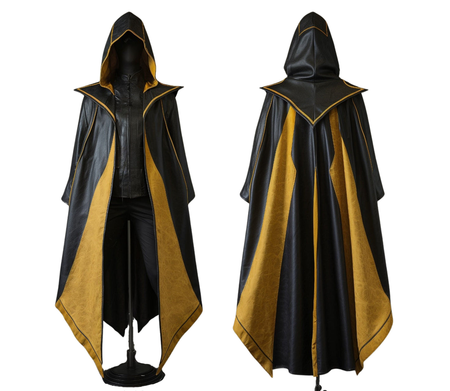 The Midnight's Ember Yellow And Black Leather Hooded Cloak, aHandmade Leather Winter Cloak Gift, Medieval Cloak For Halloween Cosplay