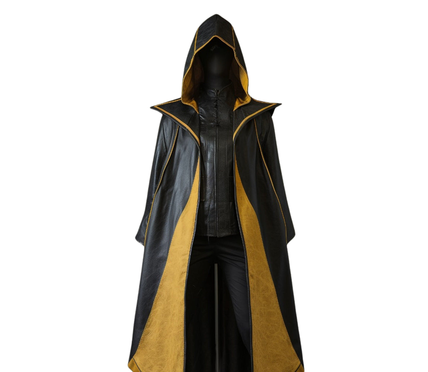 The Midnight's Ember Yellow And Black Leather Hooded Cloak, aHandmade Leather Winter Cloak Gift, Medieval Cloak For Halloween Cosplay