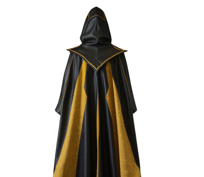 The Midnight's Ember Yellow And Black Leather Hooded Cloak, aHandmade Leather Winter Cloak Gift, Medieval Cloak For Halloween Cosplay