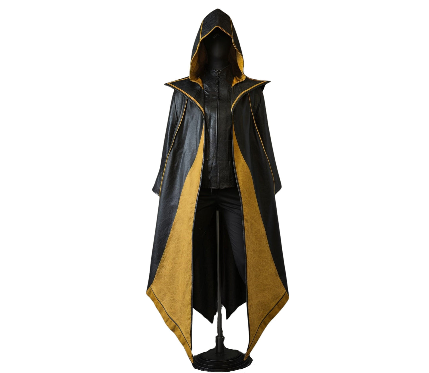 The Midnight's Ember Yellow And Black Leather Hooded Cloak, aHandmade Leather Winter Cloak Gift, Medieval Cloak For Halloween Cosplay