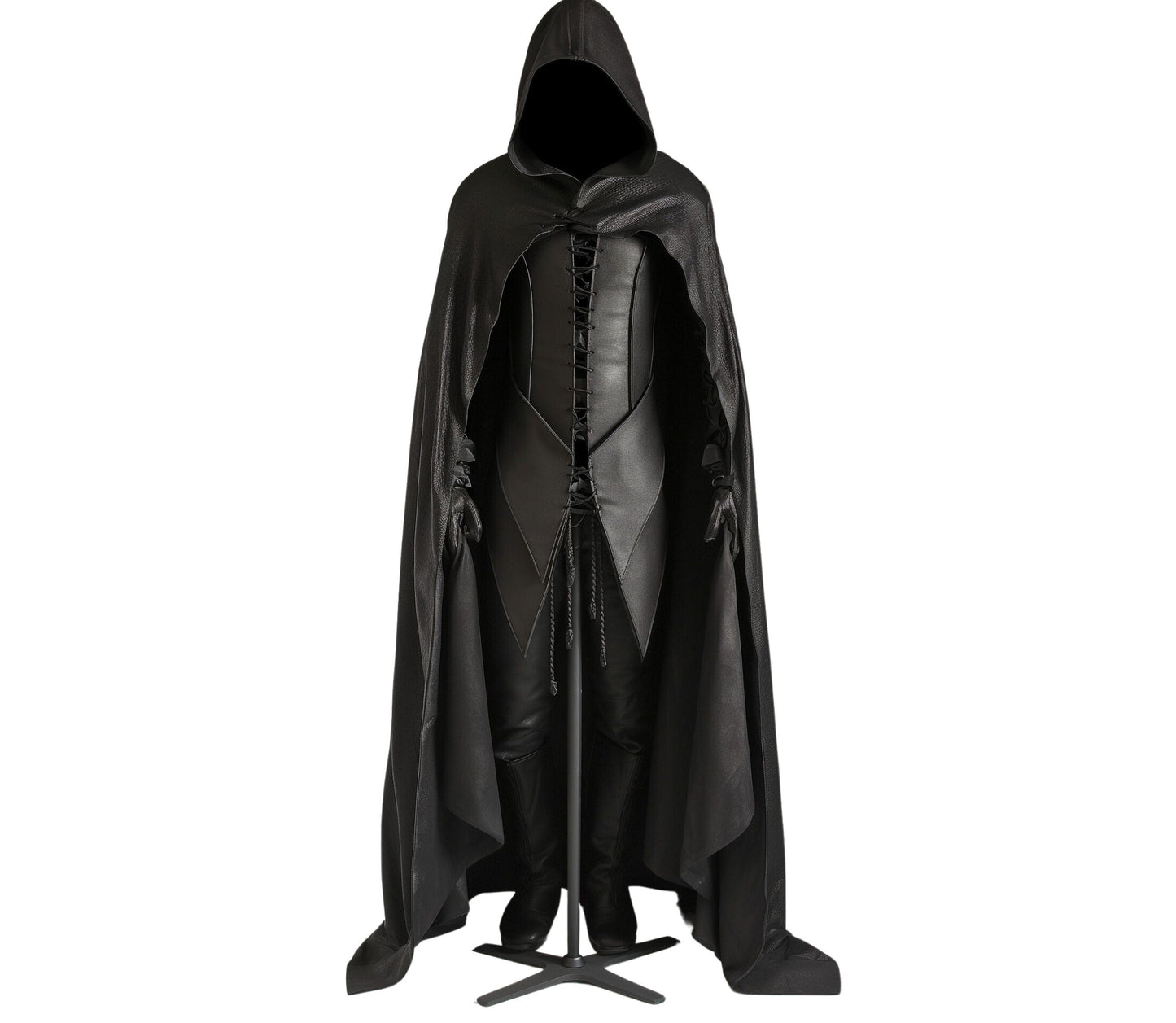 The Silent Shadow - Genuine Black Leather Gothic Hooded Cloak - Leather Cloak With Vest For Cosplay - Halloween Cloak Leather Gift For Men