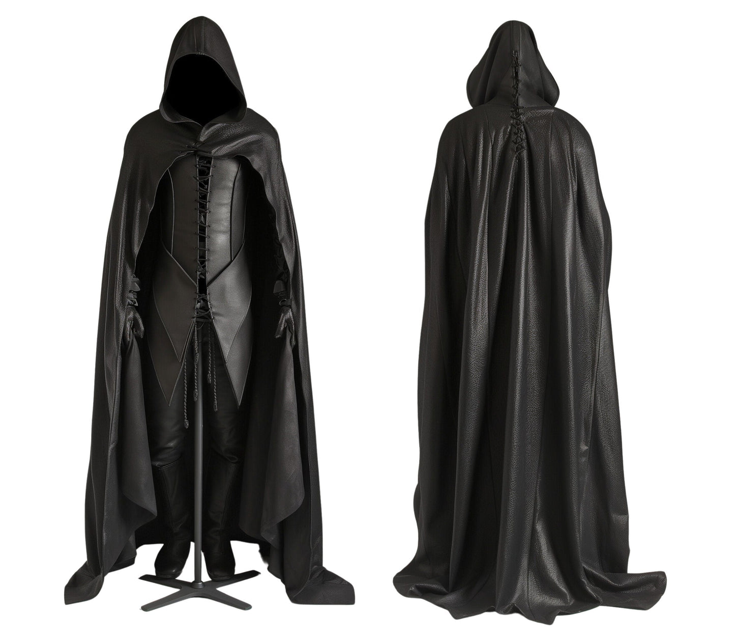 The Silent Shadow - Genuine Black Leather Gothic Hooded Cloak - Leather Cloak With Vest For Cosplay - Halloween Cloak Leather Gift For Men