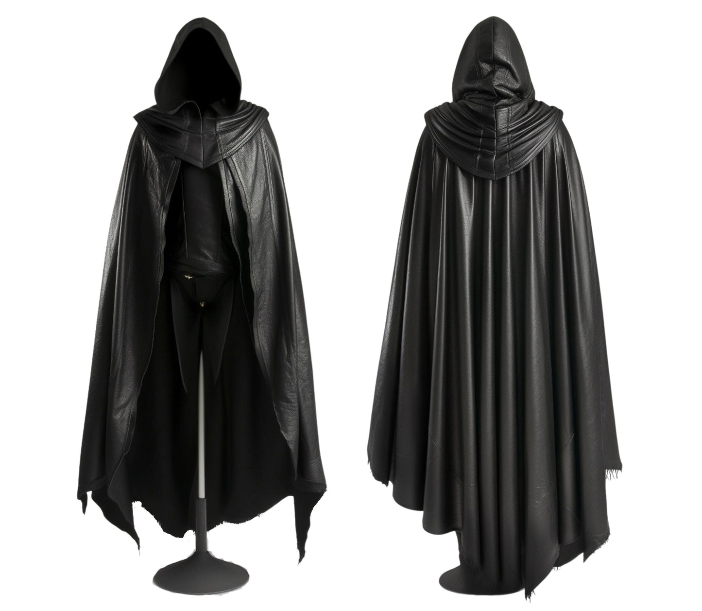 The Veiled Hunter, Handmade Pure Black Leather Fantasy Hooded Cloak for Men for Cosplay, Vampire Hunter Costume, Medieval & Renaissance Wear