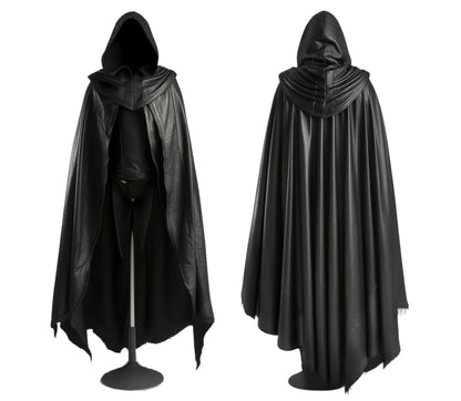 The Veiled Hunter, Handmade Pure Black Leather Fantasy Hooded Cloak for Men for Cosplay, Vampire Hunter Costume, Medieval & Renaissance Wear