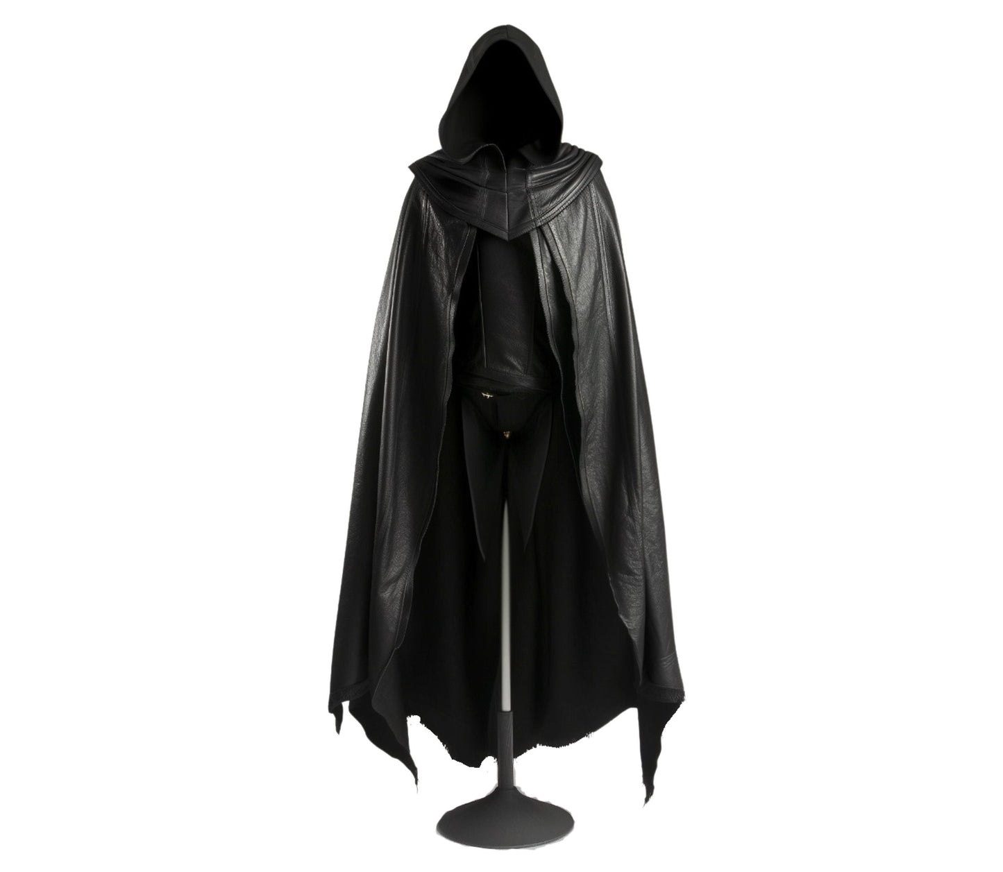 The Veiled Hunter, Handmade Pure Black Leather Fantasy Hooded Cloak for Men for Cosplay, Vampire Hunter Costume, Medieval & Renaissance Wear