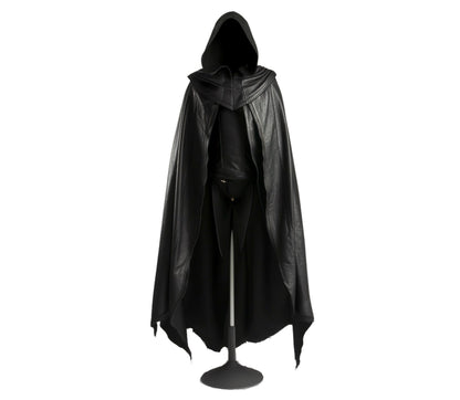The Veiled Hunter, Handmade Pure Black Leather Fantasy Hooded Cloak for Men for Cosplay, Vampire Hunter Costume, Medieval & Renaissance Wear
