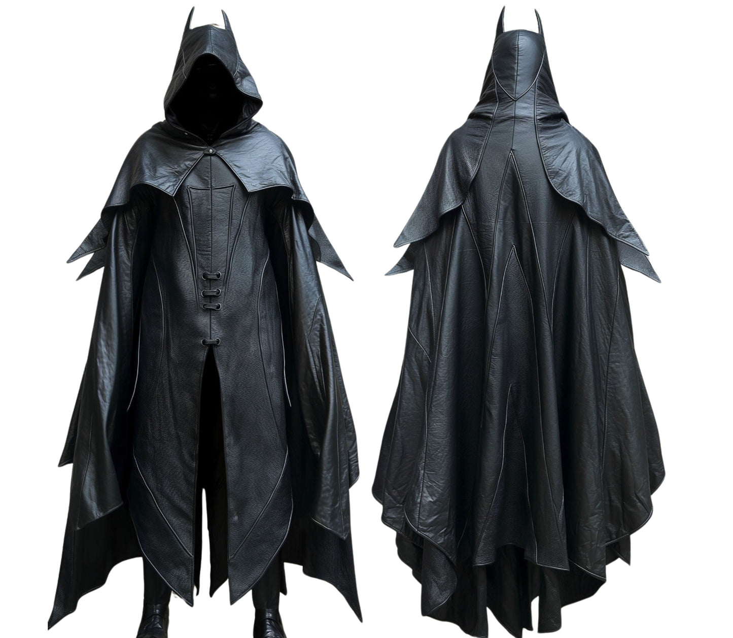 The Midnight Protector - Superhero Hooded Cloak in Black Leather - Superhero Cosplay Costume
