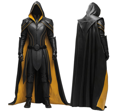 The Wraith of Inferno - Black & Yellow Leather Hooded Cloak with Armor - Medieval Cosplay Cloak for Halloween - Gift for Fantasy Lovers