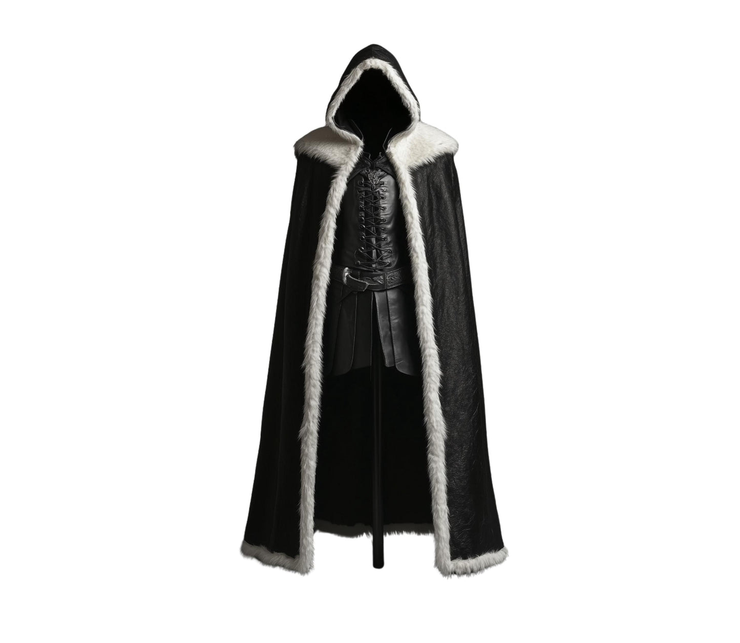 The Winter Sovereign Black Leather Hooded Cloak With White Fur, Leather Cloak With Vest Cosplay - Black Leather Fairy Fur Cloak Gift