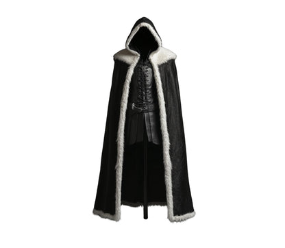 The Winter Sovereign Black Leather Hooded Cloak With White Fur, Leather Cloak With Vest Cosplay - Black Leather Fairy Fur Cloak Gift
