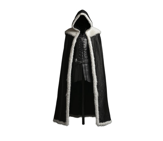 The Winter Sovereign Black Leather Hooded Cloak With White Fur, Leather Cloak With Vest Cosplay - Black Leather Fairy Fur Cloak Gift