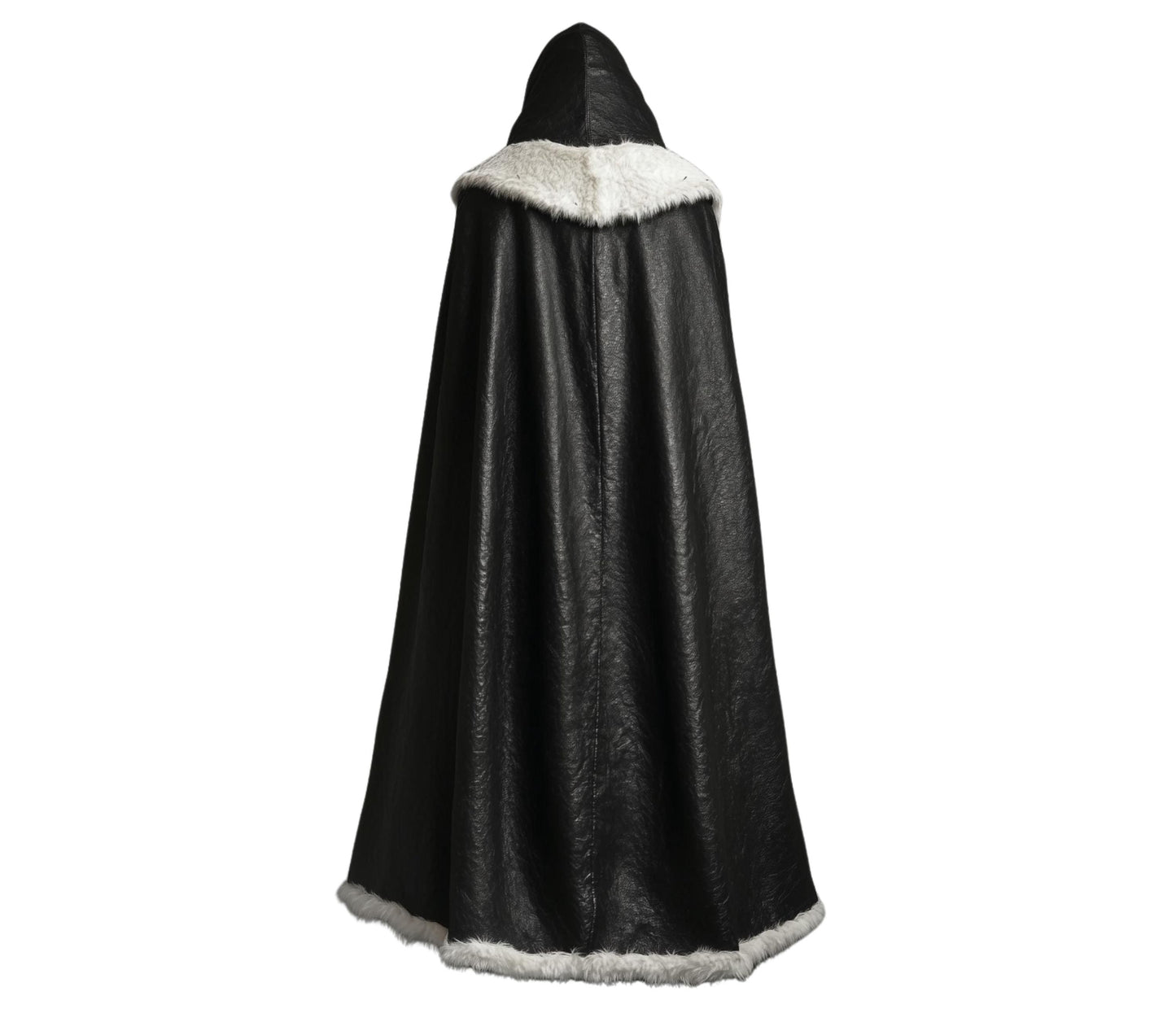 The Winter Sovereign Black Leather Hooded Cloak With White Fur, Leather Cloak With Vest Cosplay - Black Leather Fairy Fur Cloak Gift