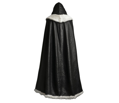 The Winter Sovereign Black Leather Hooded Cloak With White Fur, Leather Cloak With Vest Cosplay - Black Leather Fairy Fur Cloak Gift