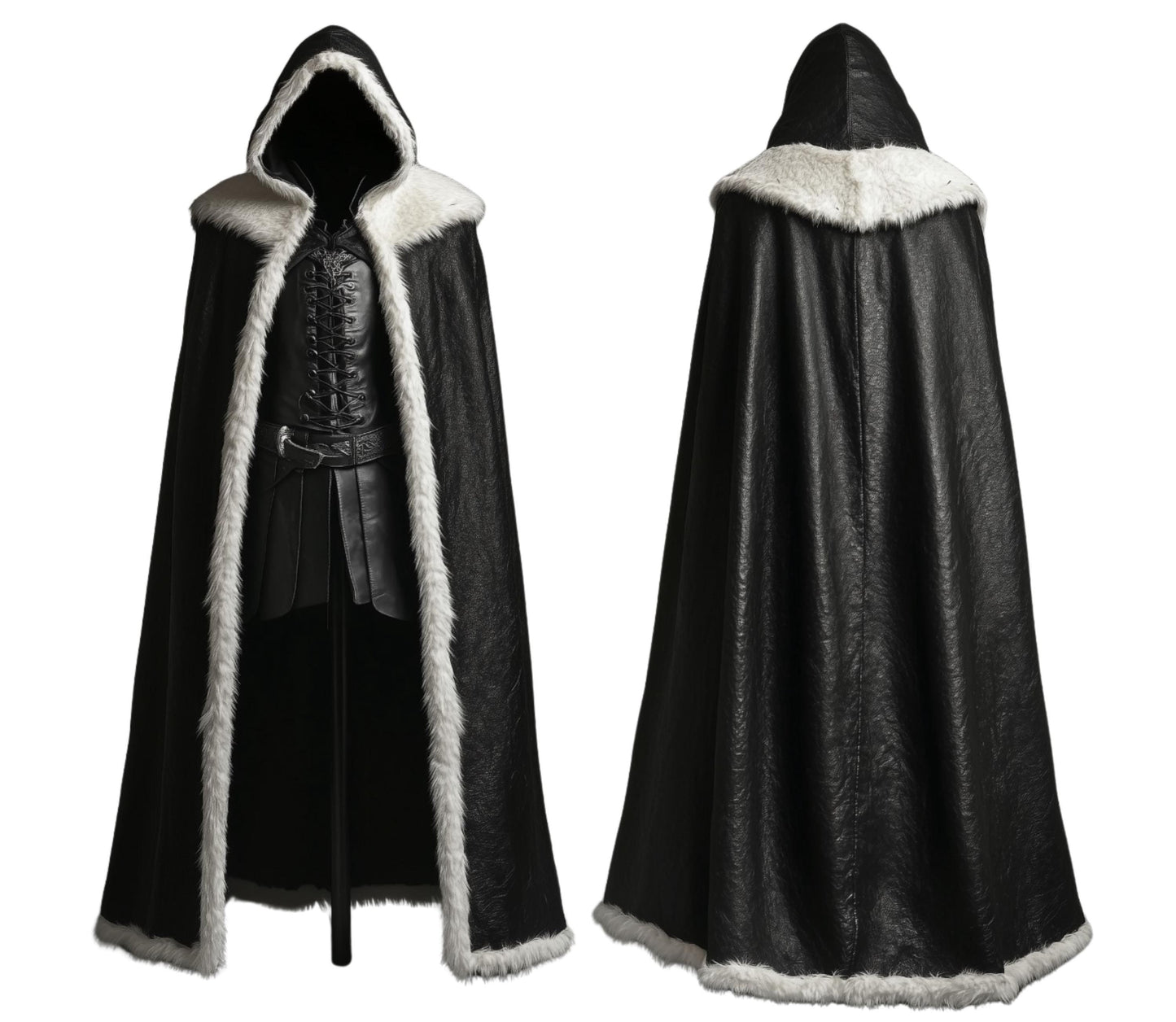 The Winter Sovereign Black Leather Hooded Cloak With White Fur, Leather Cloak With Vest Cosplay - Black Leather Fairy Fur Cloak Gift