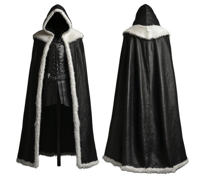 The Winter Sovereign Black Leather Hooded Cloak With White Fur, Leather Cloak With Vest Cosplay - Black Leather Fairy Fur Cloak Gift