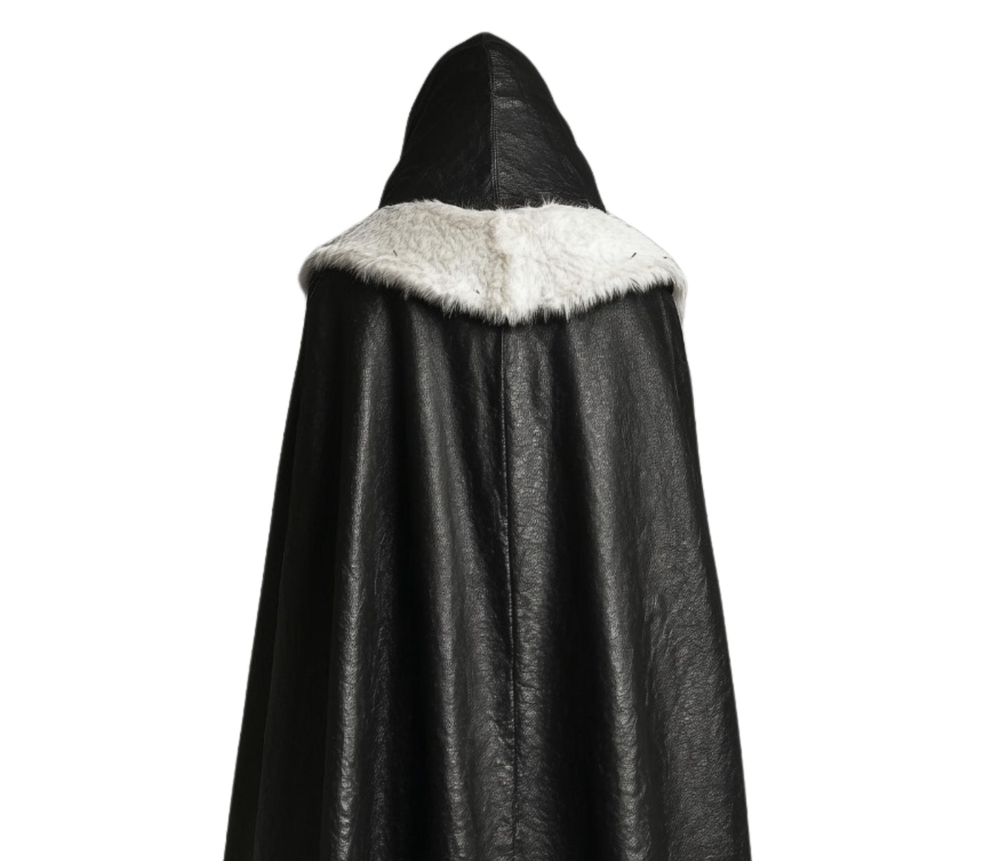The Winter Sovereign Black Leather Hooded Cloak With White Fur, Leather Cloak With Vest Cosplay - Black Leather Fairy Fur Cloak Gift