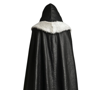 The Winter Sovereign Black Leather Hooded Cloak With White Fur, Leather Cloak With Vest Cosplay - Black Leather Fairy Fur Cloak Gift