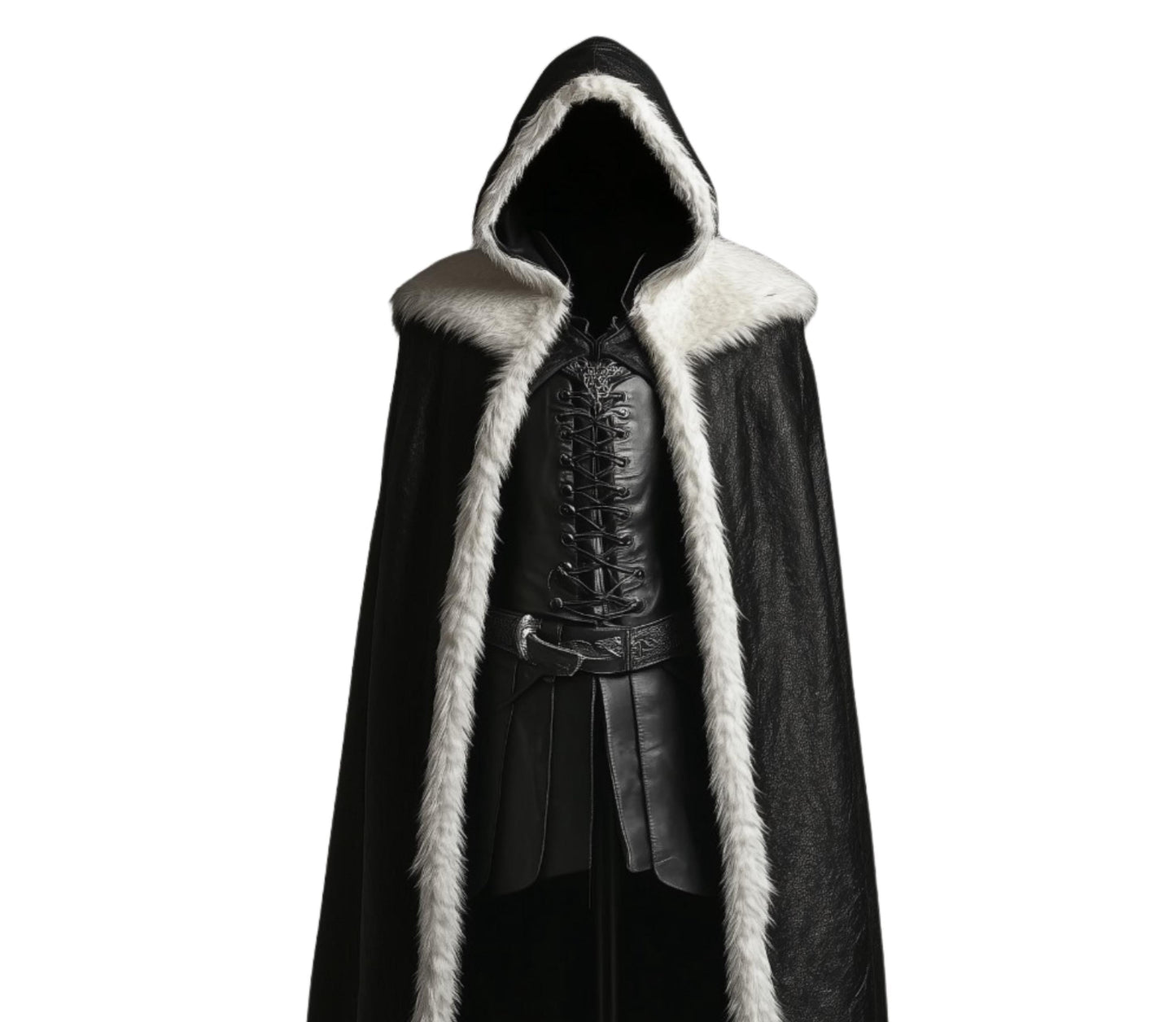 The Winter Sovereign Black Leather Hooded Cloak With White Fur, Leather Cloak With Vest Cosplay - Black Leather Fairy Fur Cloak Gift