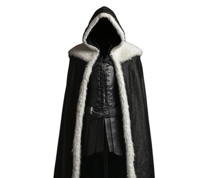 The Winter Sovereign Black Leather Hooded Cloak With White Fur, Leather Cloak With Vest Cosplay - Black Leather Fairy Fur Cloak Gift