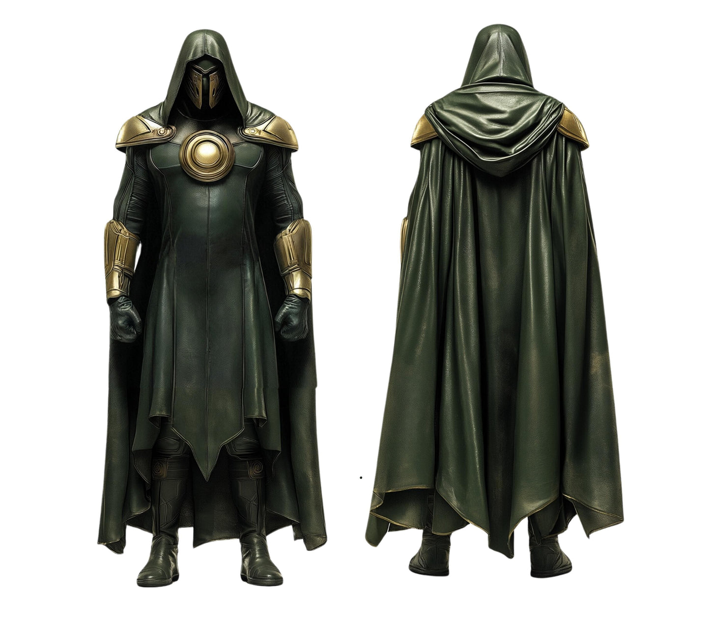 The Doom Warlord - Handmade Green Leather Superhero Hooded Cape with Vest - Dr Doom Costume For Cosplay