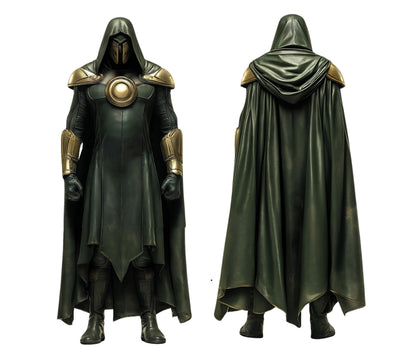 The Doom Warlord - Handmade Green Leather Superhero Hooded Cape with Vest - Dr Doom Costume For Cosplay