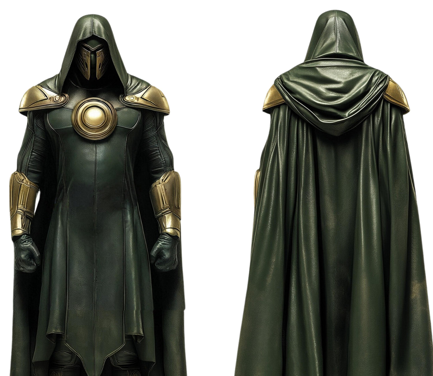The Doom Warlord - Handmade Green Leather Superhero Hooded Cape with Vest - Dr Doom Costume For Cosplay
