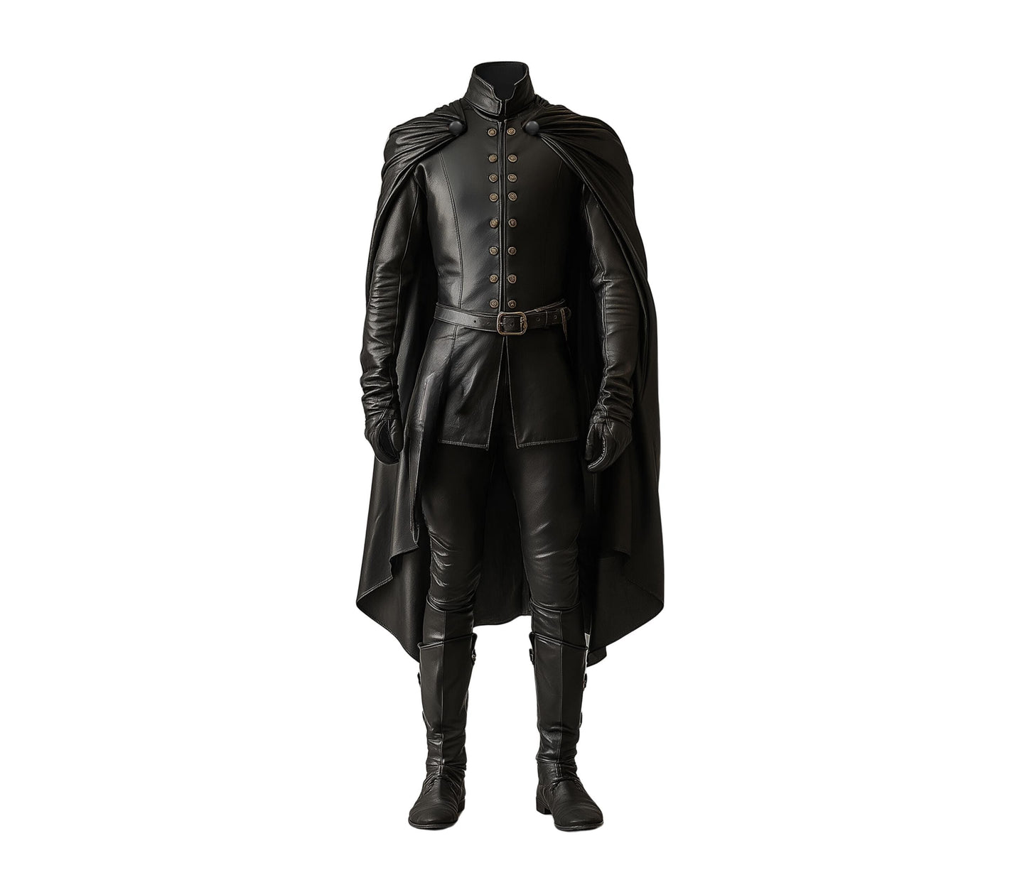 Duke Of Shadows - Handmade Pure Black Leather Medieval Cloak, Leather Renaissance Cloak With Vest For Festival, Ren Faire Fantasy Costume