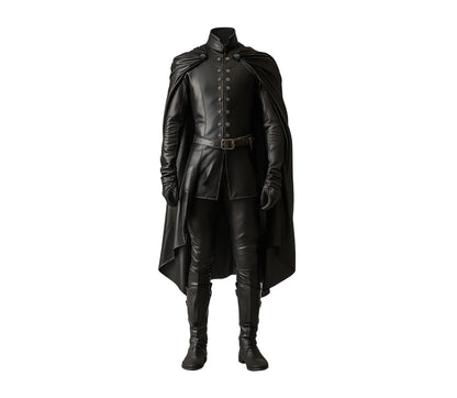 Duke Of Shadows - Handmade Pure Black Leather Medieval Cloak, Leather Renaissance Cloak With Vest For Festival, Ren Faire Fantasy Costume