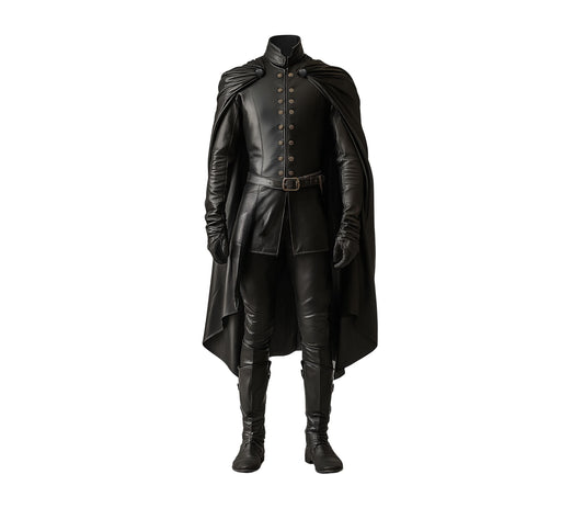 Duke Of Shadows - Handmade Pure Black Leather Medieval Cloak, Leather Renaissance Cloak With Vest For Festival, Ren Faire Fantasy Costume