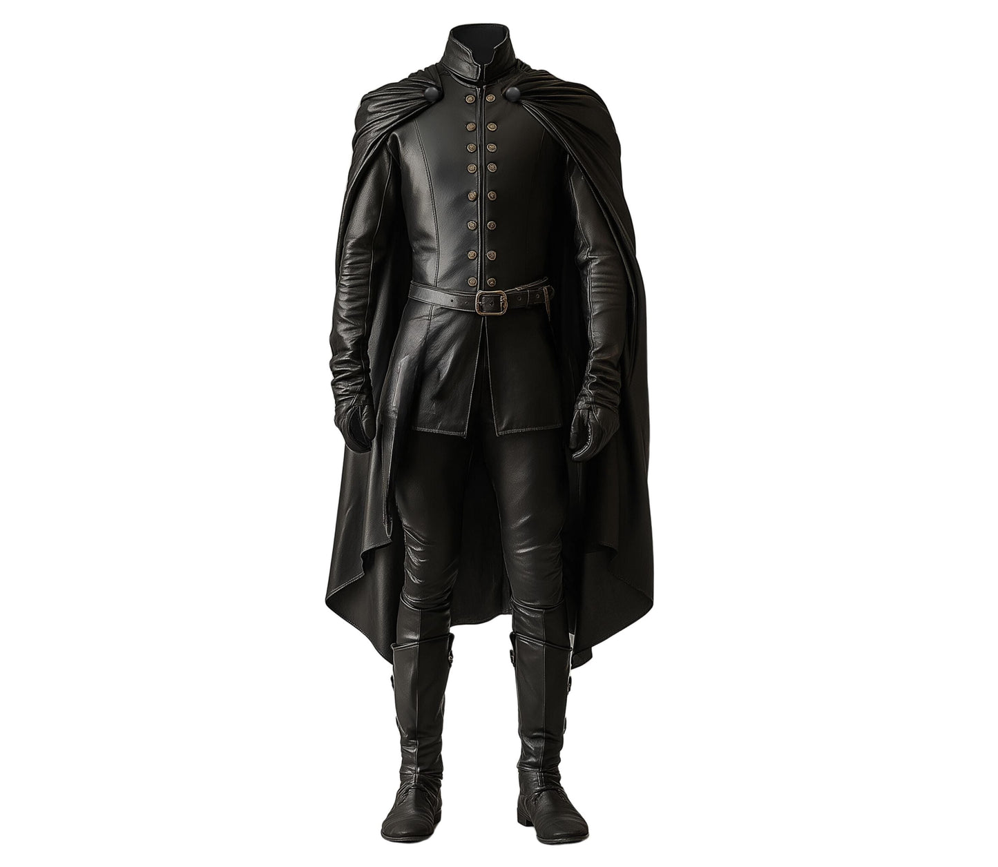 Duke Of Shadows - Handmade Pure Black Leather Medieval Cloak, Leather Renaissance Cloak With Vest For Festival, Ren Faire Fantasy Costume